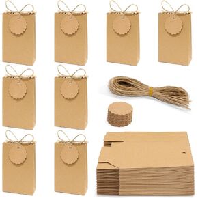 Faylapa 50Pcs Brown Party Treat Bags Boxes, Tiny Gift Boxes with DIY Tag, 2.75x1.37x4.3 inches Kraft Paper DIY Party Favor Boxes Foldable for Wedding Bridal Shower Birthday