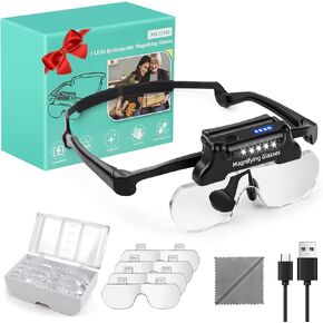Magnifying Glasses with Lights,Rechargeable Hands Free Headband Magnifying Glasses for Close Work with 5 LEDs, 5X 3.5X 2.5X 1.5X Professional Jeweler's Loupe Lighted Magnifiers DIY