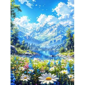 askkqtx Landscape Diamond Art Kits for Adults, Moutain Blue Sky Diamond Painting Kits for Adults, 5D Full Drill Crystal Rhinestone Flowers Gem Art Craft Kits Home Wall Decor 12X16 Inch