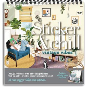 Sticker & Chill - Vintage Vibes - Repositionable Stickers with Over 500 Stickers & 10 Scenes - Travel Friendly Activity for Adults
