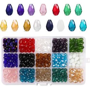 PHOGARY 300pcs Glass Beads, Mixed Colors Crystal Teardrop Beads Assorted Kit Multi-Colors Lustered Loose Spacer Beads, 8 * 12mm Waterdrop Shape for Jewelry Making, DIY Crafting (15 Colors)