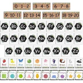 Yeaqee 55 Pieces Alphabet and Number Bulletin Board Set Eucalyptus Educational Bulletin Board Cards Farmhouse Greenery Number Shape Color Early Learning Poster Cards for Classroom Wall Decor