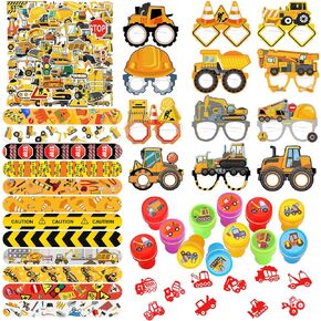 Construction Birthday Decorations,Construction Party Supplies 12 Stamps,12 Slap Bracelets,12 Glasses,50 Stickers Classroom Rewards Prizes,Goody Bag Treat Bag Stuff for Construction Party Favors
