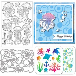 GLOBLELAND Ocean Jellyfish Clear Stamps Cutting Dies PET Painting Stencils for Card Making Summer Bubbles Silicone Stamp Metal Greetings Die Cuts PET Paint Stencils for DIY Scrapbooking