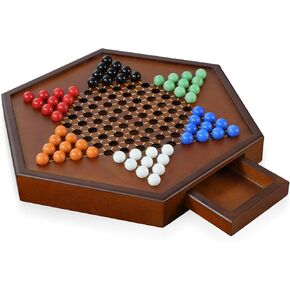 15" Large Upgraded Wooden Chinese Checkers Game Board – Premium 16mm Glass Marbles (60 + 12 Extras), Easy Grip, Storage Drawer, Ideal Multi-Player Puzzle Game for 2-6 Players