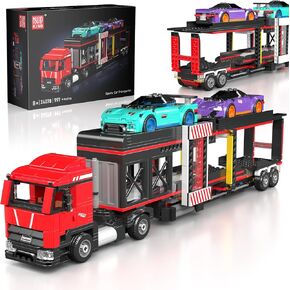 Mould King 24078 Sports Car Transporter Building Toy Set, City Car Carrier Truck with 2 Race Cars, Semi Truck with Carrier & Trailer for Kids Boys Girls Aged 8+, Adjustable Loading Ramp Tow