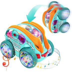 Light Up Transparent Sensory Car Toys,360° Standing Rotation Roll Go Toy Car with Colorful Moving Gears,Music and LED Effects,Educational Toys for Kids,Birthday Gifts for Boys Girls Age 1 2 3 4 Years