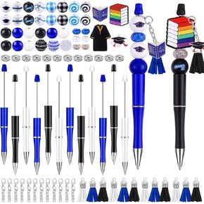 Vellibring 12 Set Graduation Beadable Pens Plastic Bead Black Blue Bulk Ballpoint DIY Crafting Pens Making Kit with Pendants Lobster Clasps for Students Teens School Office Supplies