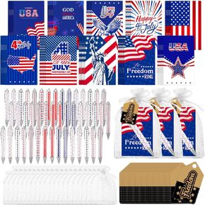 200 Pcs 4th of July Party Favors Gift Bulk Sets Include American Flag Notebooks Red White Blue Ballpoint Pens Freedom Tags Organza Bags for Memorial Day Independence Day Office Party Supplies