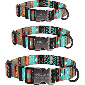 Personalized Dog Collar Tribal - Custom Engraved ID Tag Aztec - Small Medium or Large Size with Half Metal Buckle (Aztec, Medium)
