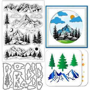 GLOBLELAND Mountains Trees Clear Silicone Stamp Metal Forest Cloud Cutting Die Cuts Mountain Star Blessing Paint Craft Stencils for Card Making Scrapbooking Craft DIY Embossing
