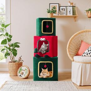 SHA CERLIN 47in Cute Cat Tree Tower/ 3 Condo for Indoor Kitties/Cave for Pet House/Detachable Cat Hideaway/Green & Red