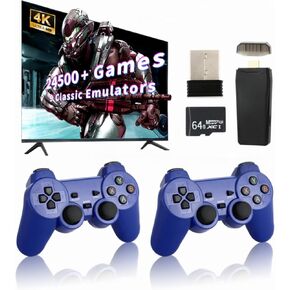 Retro Game Console, Wireless Retro Game Console, Built-in 9 Emulators, 4K HDMI Output, Dual 2.4GHz Wireless Game Stick, Built-in 24500+ Games, Plug and Play Video Games, Blue(64G)