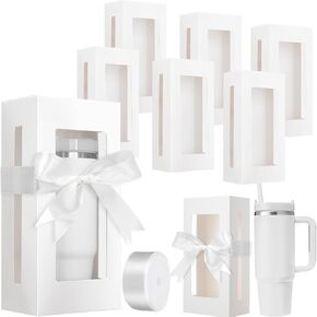 Honoson 6 Pcs Gift Boxes with Ribbon Compatible with Stanley 30 oz Tumbler with Handle, Transparent Gift Box with Window for Sublimation Mug Cup Packaging Shipping Exhibition(White)