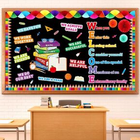 Welcome Back to School Bulletin Board Set First Day of School Classroom Decorations Welcome Banner Cutouts Bulletin Board Border Set for Classroom Chalkboard Wall Decor(Composition Notebook)