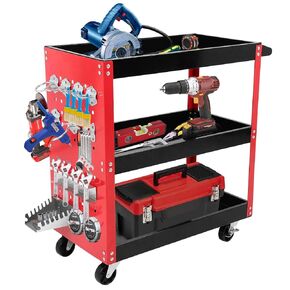 3-Tier Tool Cart Red, Triple Tool Cart, Tool Cart on Wheels, Triple Steel Multifunctional Tool Trolley, Service Tool Cart, Tool Cart With Hooks, for Garage, Warehouse, Workshop, Tool Room, Red & Black