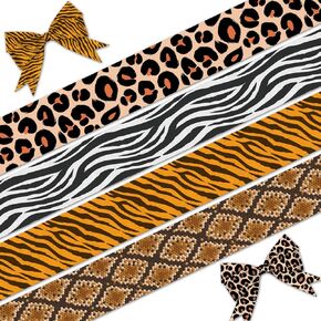 ALIBBON 4Pcs 1" × 5 Yd Wild Animal Print Ribbon Leopard Tiger Print Grosgrain Ribbons for DIY Crafts Party Decor, Snake Zebra Print Ribbons for Animal Themed Gift Wrapping Bows Crafting Supplies