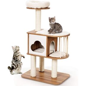 Tangkula Modern Wood Cat Tree, 46 Inches Cat Tower with Platform, Cat Activity Center with Scratching Posts and Washable Cushions, Wooden Cat Condo Furniture for Kittens and Cats (Natural)