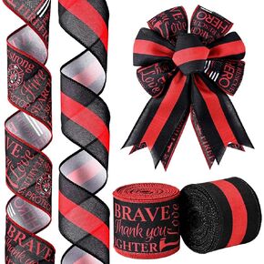 2 Rolls 20 Yards Firefighter Support Ribbon Black Red Stripe Service Hero Fireman Craft Fabric Ribbon for Fire Department Memorial Day Wreath Supplies