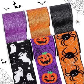 Whaline 6 Rolls Halloween Wired Edge Ribbon 2.5 Inch 30 Yards Glitter Purple Orange Black Ghost Boo Pumpkin Spider Printed Ribbon for Bow Wreath Craft Gift Wrap Party Decor