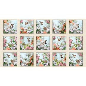 24" x 44" Dating Games Hummingbird Block Quilt Cotton Fabric Panel Elizabeth Studio #40006CREAM - 24" x 44" Fabric Panel