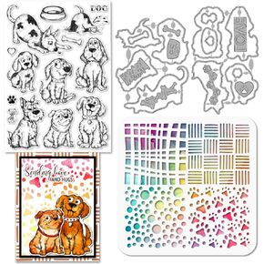 GLOBLELAND Cartoon Dog Silicone Clear Stamps Metal Funny Dog Cutting Die Cuts Geometric Dog Claw Background PET Paint Craft Stencils Template for Card Making and DIY Embossing Scrapbooking