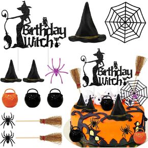 Morofme 13pcs Witch Cake Topper Halloween Cake Decoration Halloween Witch Cakes Decorations Black Themed Cupcake Toppers Hat Broom Spider Web Glitter Happy Birthday Decor for Scary Party Supplies
