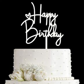 JIEEIN Happy Birthday Cake Topper for Birthday Party Decoration - Off-white Plastic