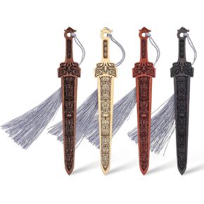 4 Pcs Wooden Sword Bookmark,Cool Bookmarks with Tassel,Vintage Book Marks for Reading Men,Reading Page Markers for Men Teacher and Student Office School Library Bookstore(Black Brown)