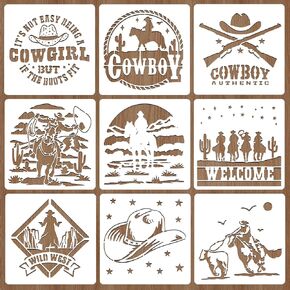 9Pcs Plastic Painting Stencils, Western Cowboy Style Drawing Templates, Reusable, 7.8 Inch
