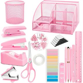 Pink Desk Organizers and Accessories, 16PCS Office Supplies Set with Storage Organization, Pen Holder, Tape Dispenser, Hole Puncher，Ballpoint Pens, Stapler, Scissors, for Home & School Gift for Women