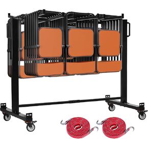 Folding Chair Rack,Heavy Duty Carbon Steel Folding Chairs Cart with Locking Wheels for 50 Foldings Chairs, 600lb Capacity Chair Rack with 4 Casters, 2 Elastic Cords