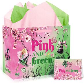 Pink and Green Gift Bags with Handles, Tissue Paper and Greeting Card, Witch Hat Bow Wrapping Paper for Witch Movie Themed Birthday Halloween Party Decorations Supplies