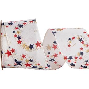Patriotic Glitter Stars Wired Ribbon, 4th of July Red Navy Blue and Gold Stars Pattern Design, 2.5 Inch*10 Yards, Red White Blue Independence Day Decoration for Veterans Day,Holiday Decor (Ivory)