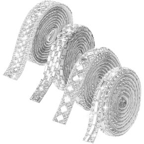 4 Rolls Rhinestone Strips Diamond Tape Bling Ribbons Self-Adhesive Crystal Rhinestone Ribbon Rhinestones for Crafting Rhinestone Trim Silver Ribbon Decorative Tape for DIY Art Crafts (4 Styles)