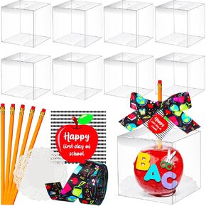 Reallnaive 24 Set Candy Apple Boxes with Hole Back to School Clear Caramel Apples Boxes with Paper Doilies Base Ribbon Tags Pencils for First Day of School Party Supplies, 4 x 4 x 4 Inch