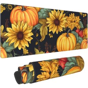 Fall Pumpkin Sunflower Mouse Pad 31.5x11.8 XL Autumn Leaf Floral Watercolor Extended Mousepad Large Keyboard Mouse Mat Desk Pad with Non-Slip Rubber Base Stitched Edges for Home Office Game in Kuwait