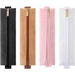 4Pcs Elastic Pen Holder for Notebook, Adjustable Pencil Holder for Book Journal, Planner Pen Pouch with Zipper Sleeve Binders Books - Black, White, Brown, Pink