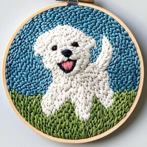 Punch Needle Kit for Beginners, Punch Stitching Kit for Adults, Needle Punch Kits for Adults, DIY Embroidery Set with Little White Dog on The Grass