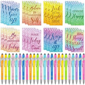 Supervitae 48 Pcs Bulk Motivational Pens Inspirational Notepads Glitter Pocket Positive Affirmation Quote Notebooks and Ballpoint Pens, Mini Journals Gift for Employee Coworker Teachers Supplies