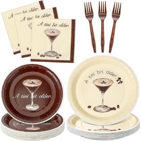 Zhehao 96 Pcs A Tini Bit Older Party Supplies for 24 Guest Espresso Martini Napkins Disposable Paper Plates Forks Brown Tableware Bachelorette Dessert Birthday Bridal Wedding Party