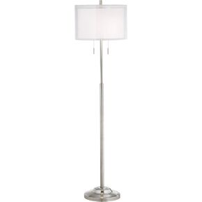 Possini Euro Design Roxie Modern Standing Floor Lamp 65.5" Tall Brushed Nickel Silver Double Layer Sheer Linen Fabric Drum Shade Decor for Living Room Reading House Bedroom Home