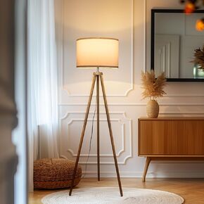 Tripod Floor Lamp with Linen Drum Lamp Shade, Wood Floor Lamp for Office, Mid Century Modern Standing Lamp for Bedroom, 61" Tall Lamp for Living Room Corner E26 Led Bulb Included