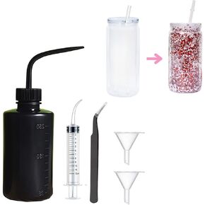 5 Pcs Snow Globe Tumbler Supplies for Glitter Snow Globe,DIY Glass Cups Kit,Contains Plastic Squeeze Bottle Small Funnel Tweezers Bent Syringe. (Pink)