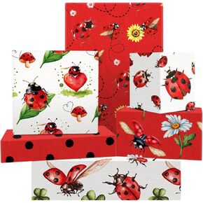 Ladybug Wrapping Papers, 6 Sheets 6 Styles Ladybug Polka Dot Floral Patterned Gift Wrapping Paper, Wrapping Paper For Men Women Boys and Girls For Fancy Birthday Party