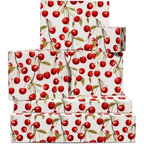 CENTRAL 23 Cherry Wrapping Paper - 6 Sheets of Birthday Gift Wrap for Women - Red Cherries - Teenagers - For Anniversary Bridal Shower - Recyclable