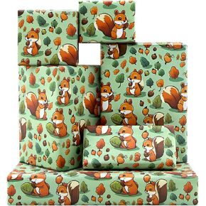 Mischievous Squirrel Picking Acorn with Happy Smile Autumn Green Leaves Woodland Wrapping paper -(28"x20" Per Sheet, Folded Flat 4 Sheets , 1-Designs: 15 sq. ft. ttl)-For Happy Thanksgiving Autumn Holiday Decor Nature Animal Lover Birthday Party Gift Wrap