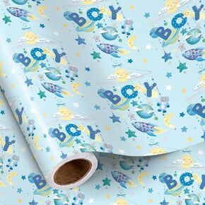 RUSPEPA Baby Boy Wrapping Paper Roll, Mini Roll, Blue It's a Baby Boy Gift Wrap with Moon, Star, Spaceship and Planet Design, Perfect for Baby Shower, Gender Reveal Party, 17 Inches X 16.4 Feet