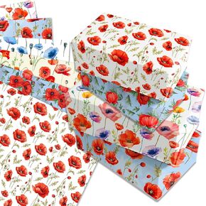 Red Poppy Flower Wrapping Paper Set - 12 Sheets Red And Blue Watercolor Petals Dyeing Poppy Gift Wrapping Paper 6 Designs Poppies Flower Pattern for Poppies Party Supplies DIY Crafts 20'' x 27'