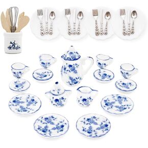 Odoria 1/12 Miniature Porcelain Tea Set Plates and Silverware Kitchen Utensils Dollhouse Accessories, Blue Lotus